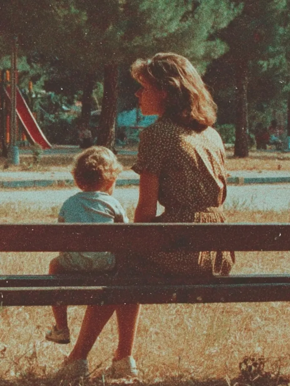A woman and child sitting together on a park bench
