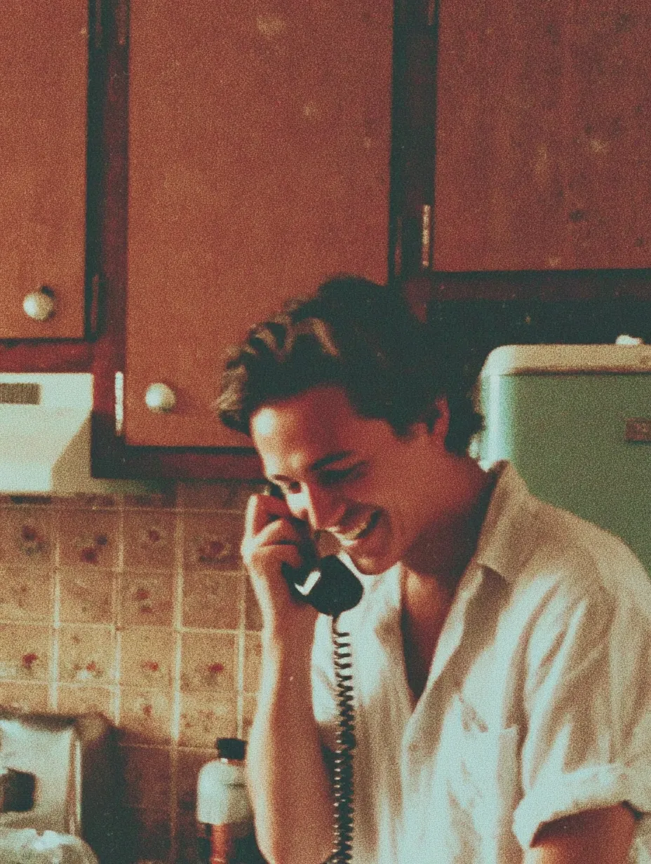 A woman speaking on a corded telephone at home